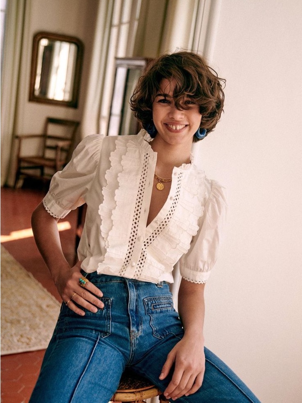 NWT sezane chemise wave Women's White Ruffled Lace-Trim Blouse
